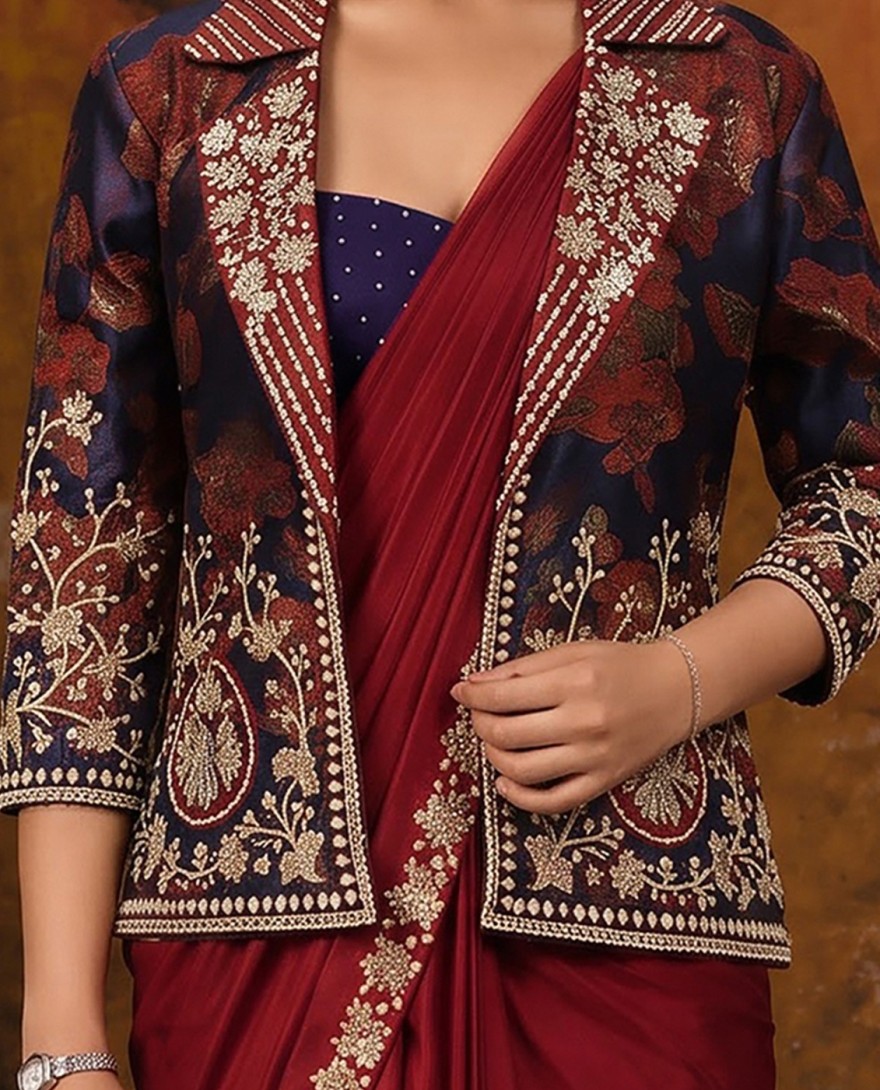 27118 - Maroon Embroidered Wedding Party Designer Saree
